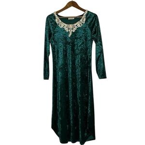 Vintage Emerald Green Crushed Velvet Long Sleeve Dress Lace Collar Size S
